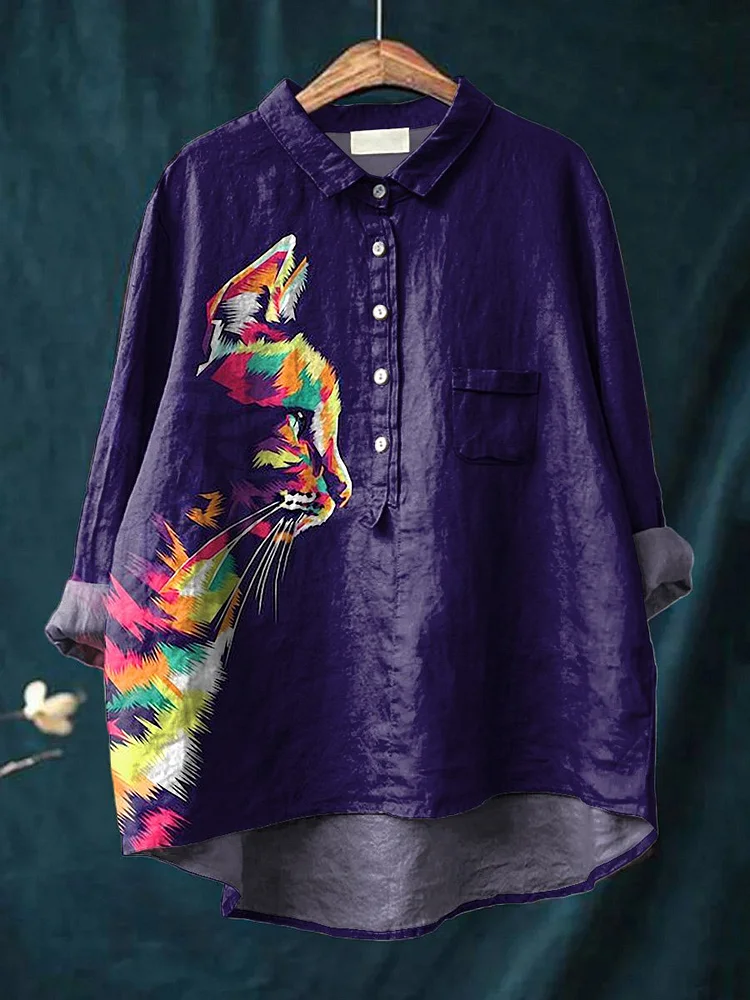 Cat Silhouette Graphic Printed Women's Casual Cotton And Linen Shirt