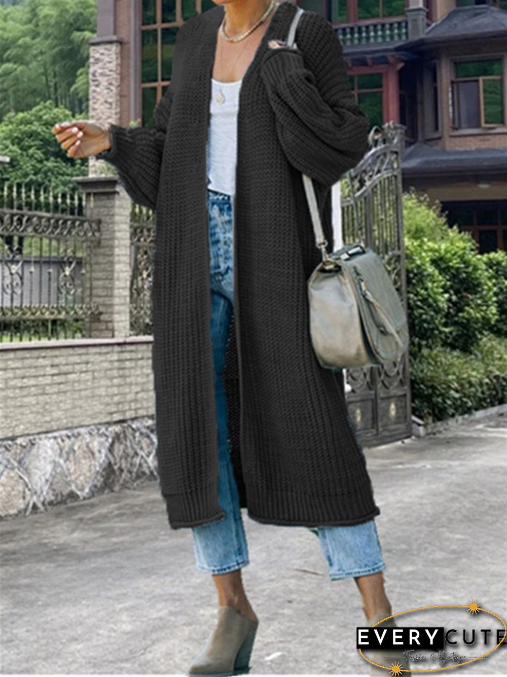 Curled Coarse Thread Solid Long Knitted Coat