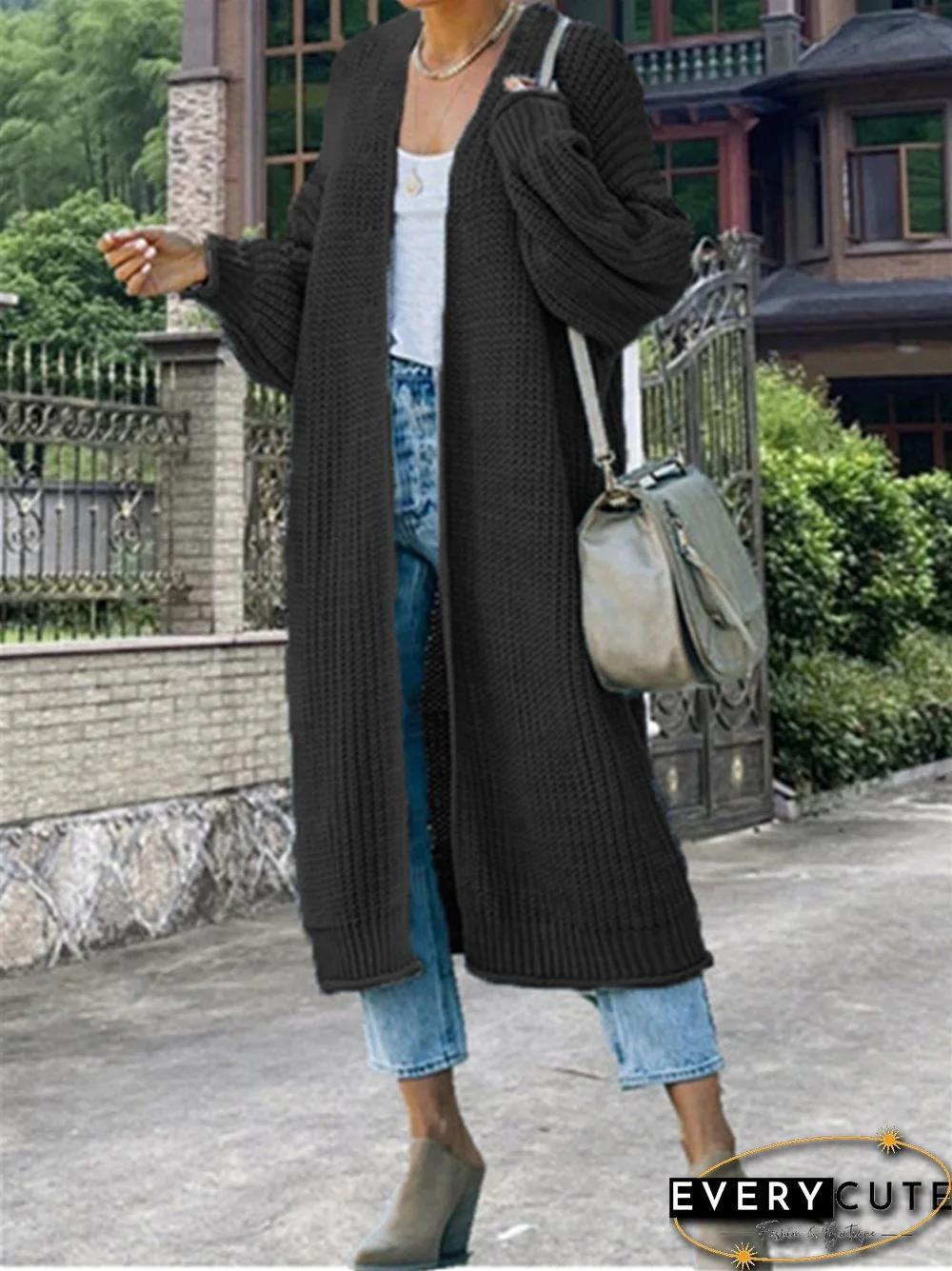 Curled Coarse Thread Solid Long Knitted Coat