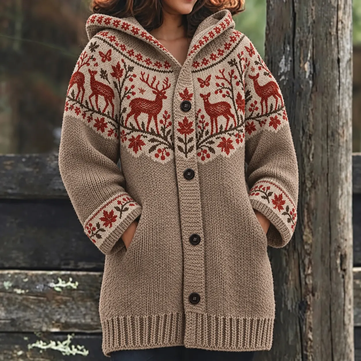 Comstylish Women's Vintage-style Christmas Reindeer Jacquard Hooded Cardigan Sweater