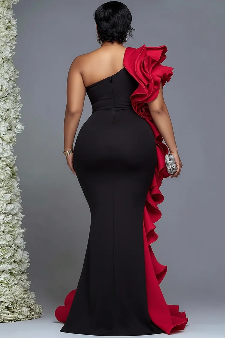 Xpluswear Design Plus Size Formal Red Colorblock One Shoulder Ruffle Elegant Bodycon Maxi Dresses [Pre-Order]