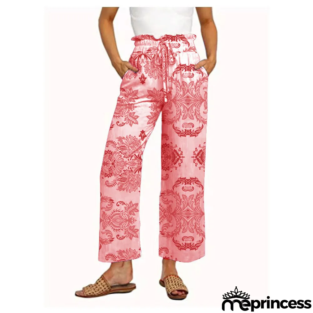 Women Casual Pants Printed Lace-Up Wide Leg Pants