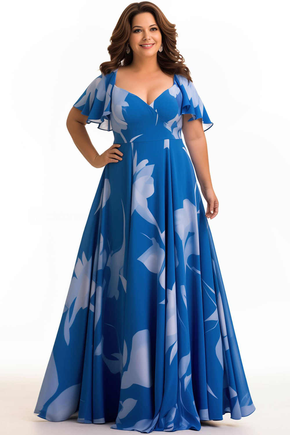 Flycurvy Plus Size Mother Of The Bride Blue Chiffon Floral Print Flutter Sleeve Maxi Dress 2024 - Flycurvy 