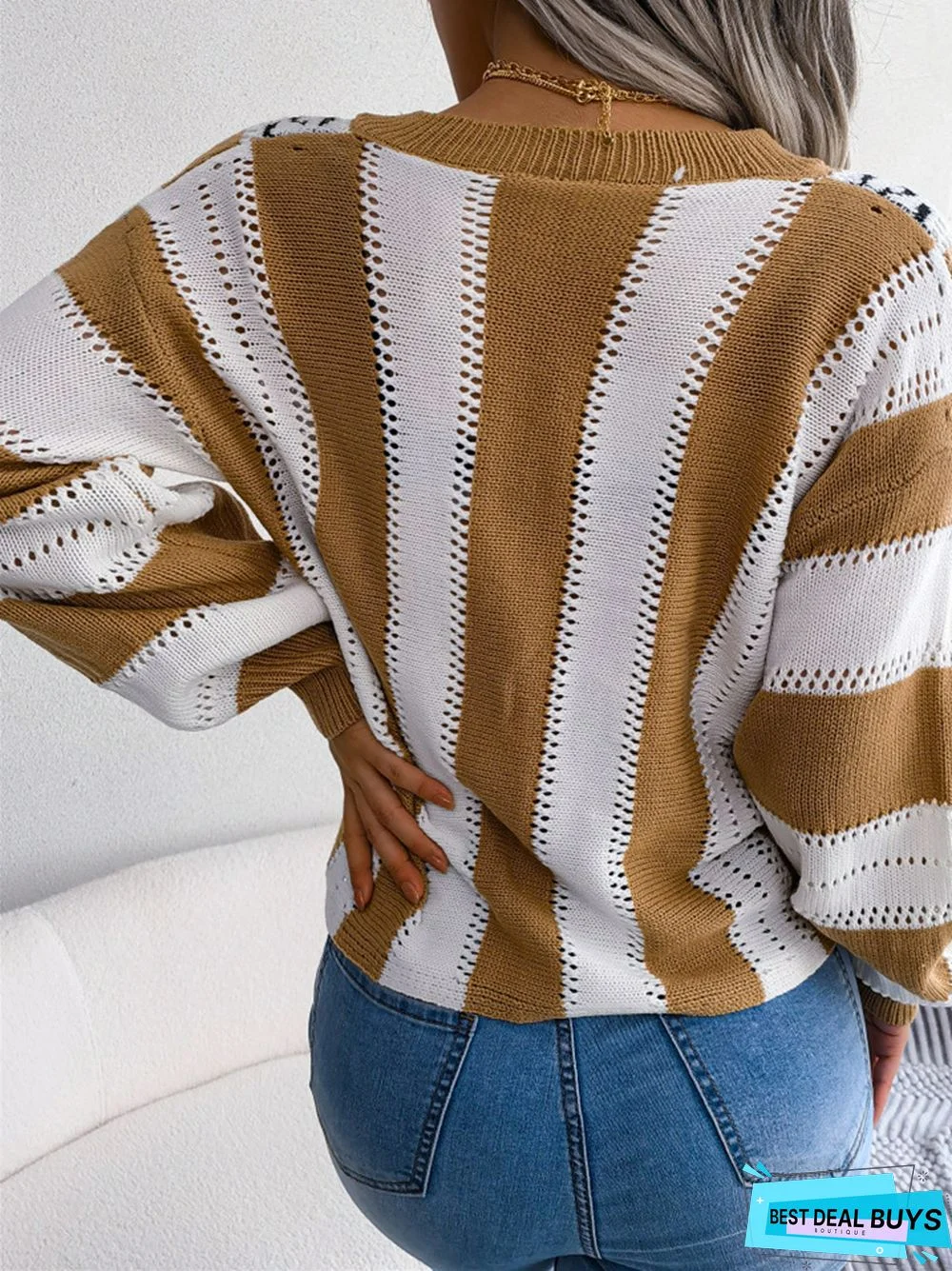 V-Neck Leopard Lantern Sleeve Knitted Sweater