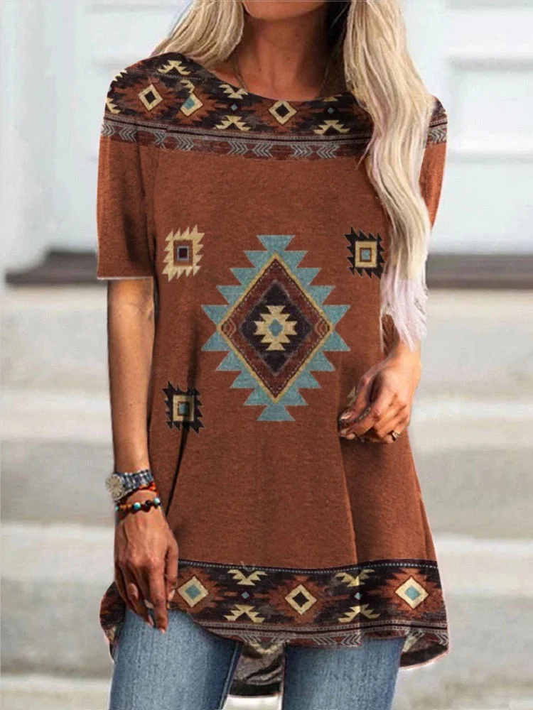 Women's Brown Short Sleeve Scoop Neck Printed Graphic Top