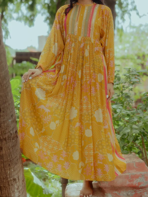 Yellow Embroidered Print Kaftan Dress