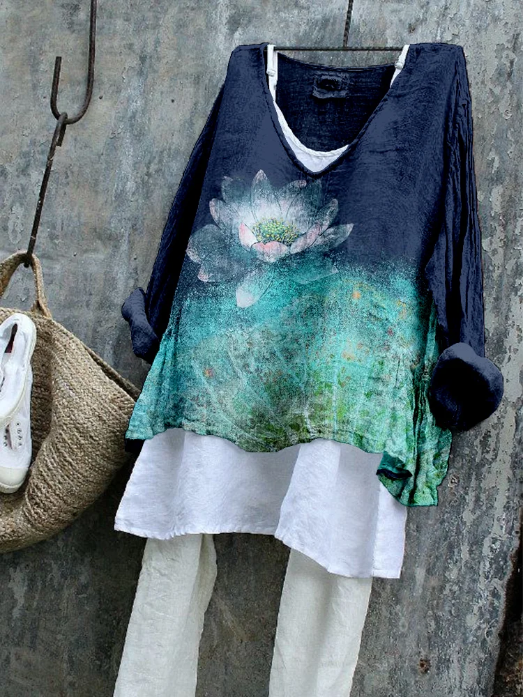 Vintage Lotus Flower Art Linen Blend Cozy Tunic