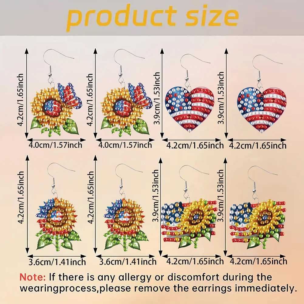 4 Pairs Double Sided Sunflower Flag Diamond Painting Earrings for Women Girls
