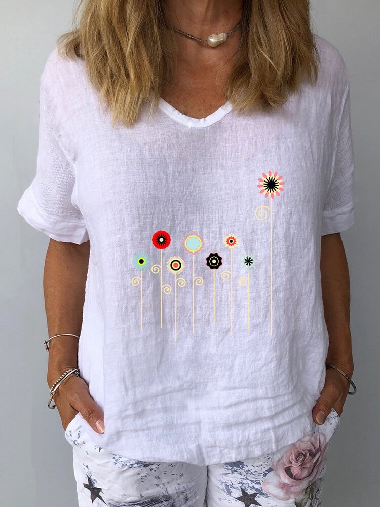 Flower Printed Half Sleeve V neck T Shirt For Women P1704814