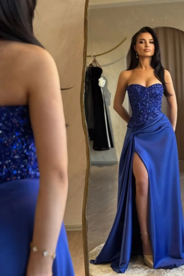  Royal Blue Strapless Split Sequins Prom Dress ZT0567