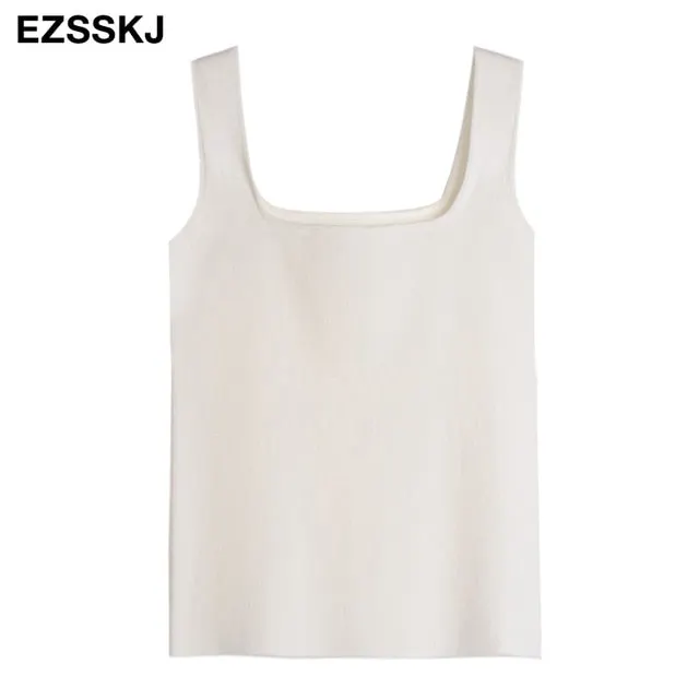 high quality chic basic U-NECK Summer white knit Women tank top sexy sleeveless t-shirt  vintage top casual crop top t shirt