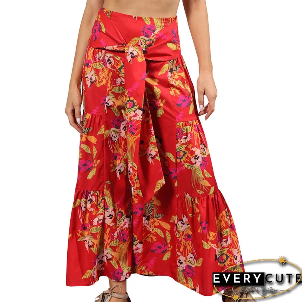 Red Digital Print Cropped Wide Leg Boho Pants with Tie