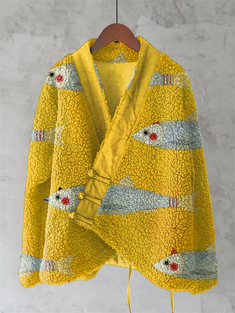 Vintage Sardine Art Wool Kimono Cardigan