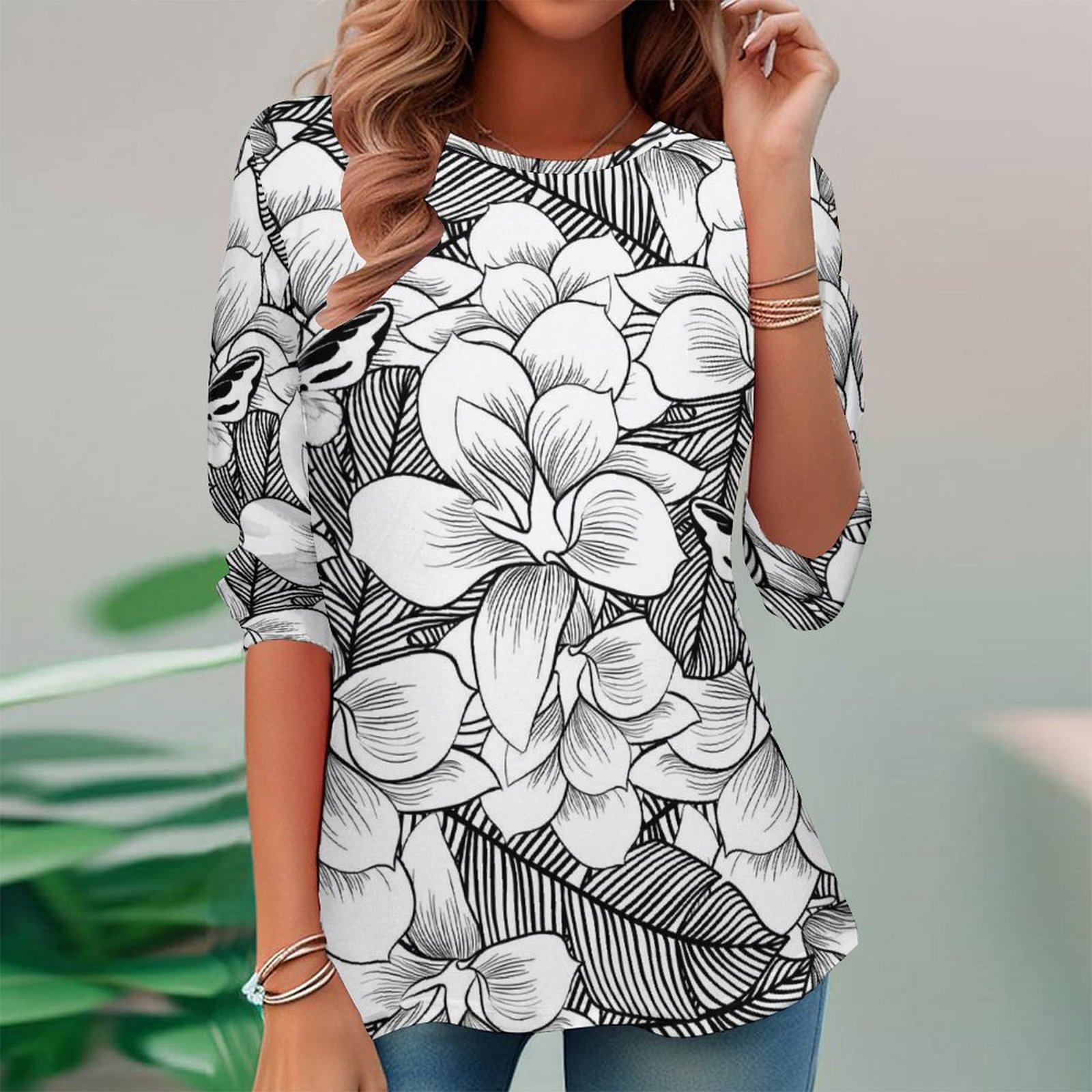 Women Long Sleeve V-neck Graphic Floral Printed Top