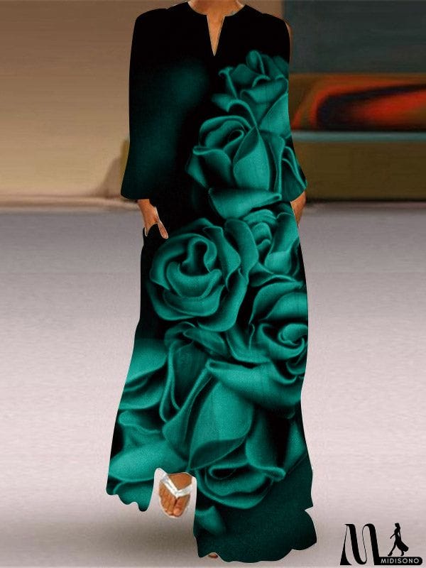 MidiSono - Long Sleeves Loose Floral Printed Gradient V-Neck Maxi Dresses