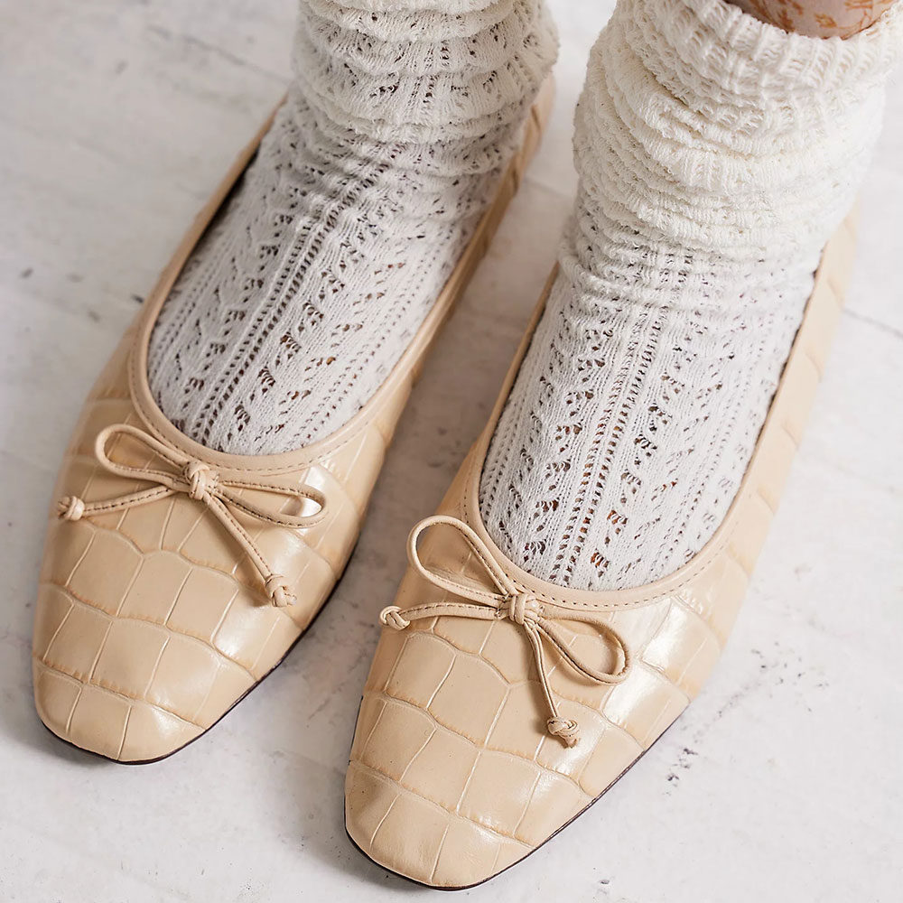 Beige Vegan Leather Square Toe Flat Slip-On Ballet with Bow Nicepairs