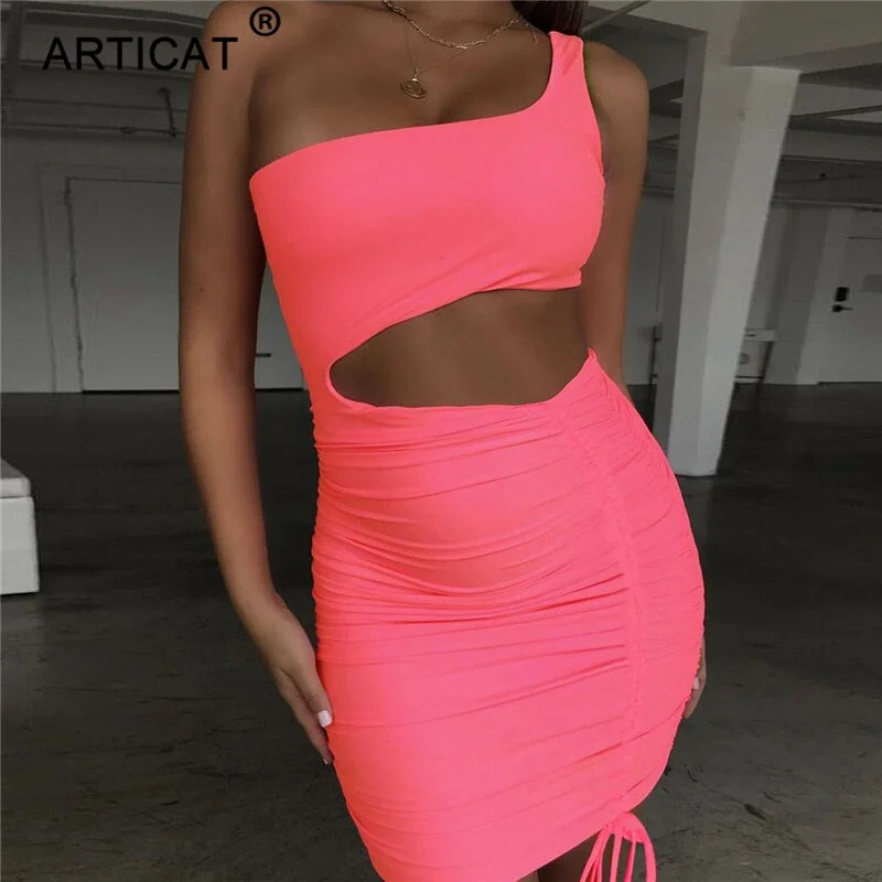 Articat One Shoulder Hollow Out Sexy Summer Dress Women Fold Drawstring Bandage Bodycon Dress Fashion Ruched Mini Party Dresses