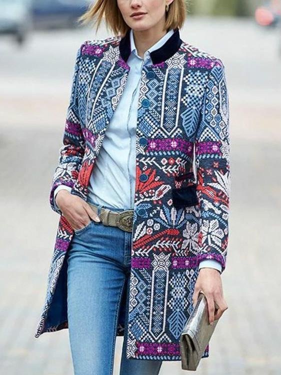New ladies coat Fashion European and American folk print long-sleeved coat jacket