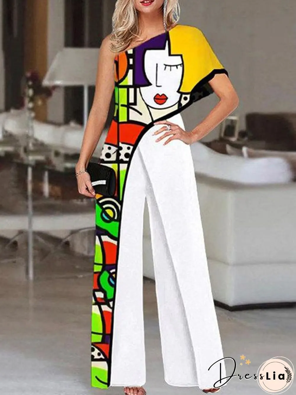 Jumpsuit Printed Diagonal Shoulder Fashion Wide Leg Pants for Women
