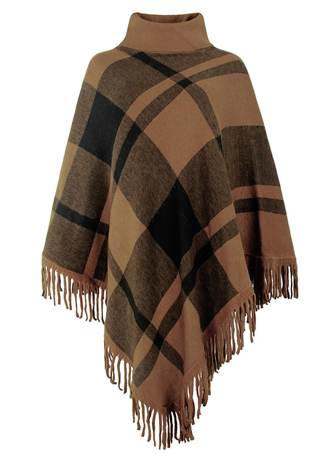 Women's Shirt Shrugs Plaid Tassel Print Long Sleeve   High Neck Ponchos Capes