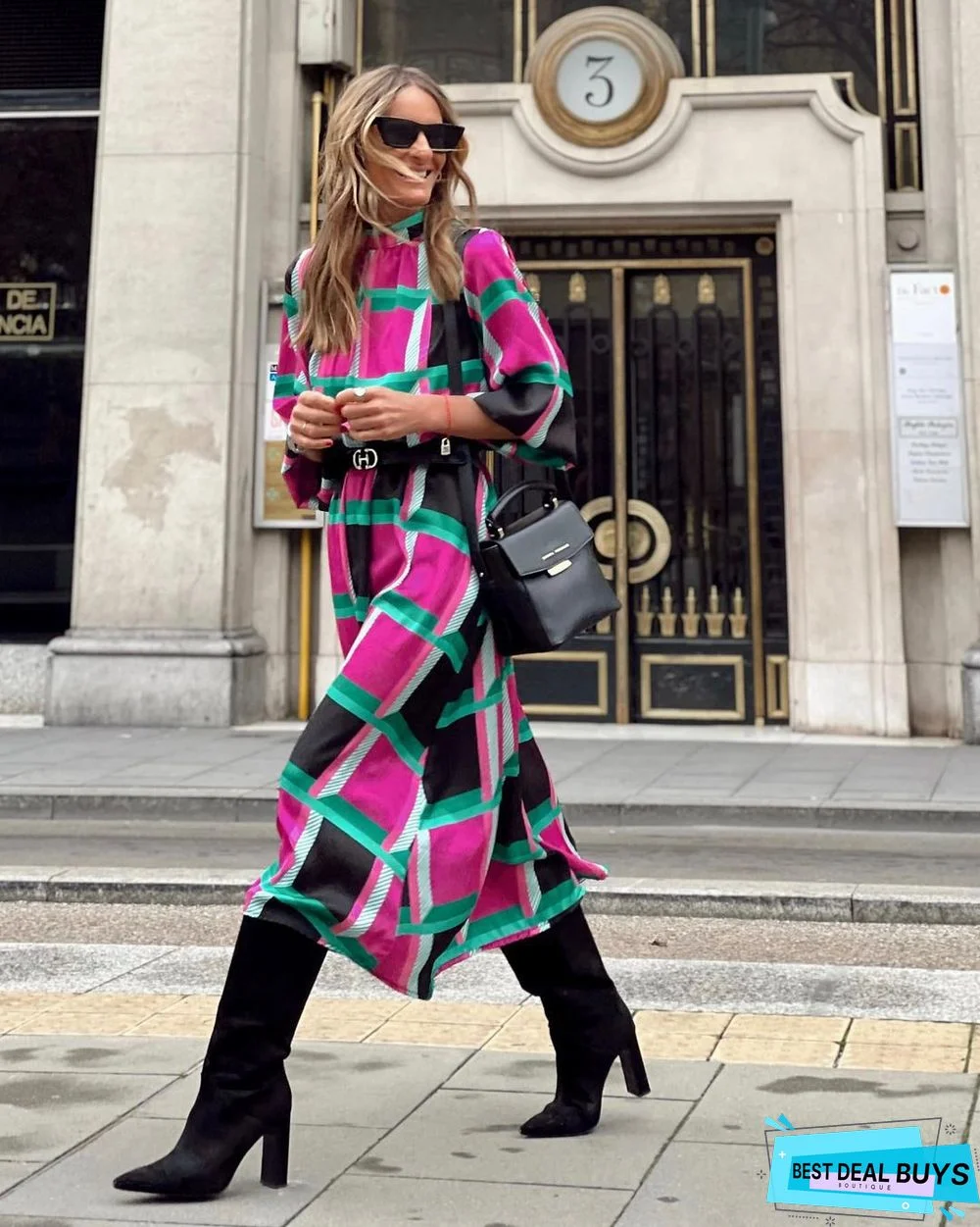 Sleeve Print Waist A-Shaped Dress Plus Size Ladies Dress