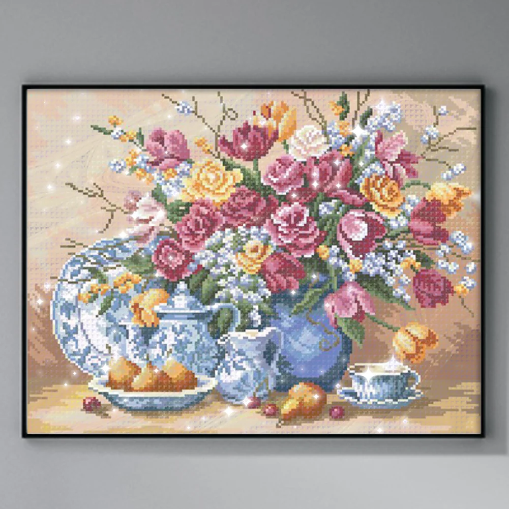9CT Full Stamped Cross Stitch Bead Embroidery- Flower(Canvas|51*40CM)
