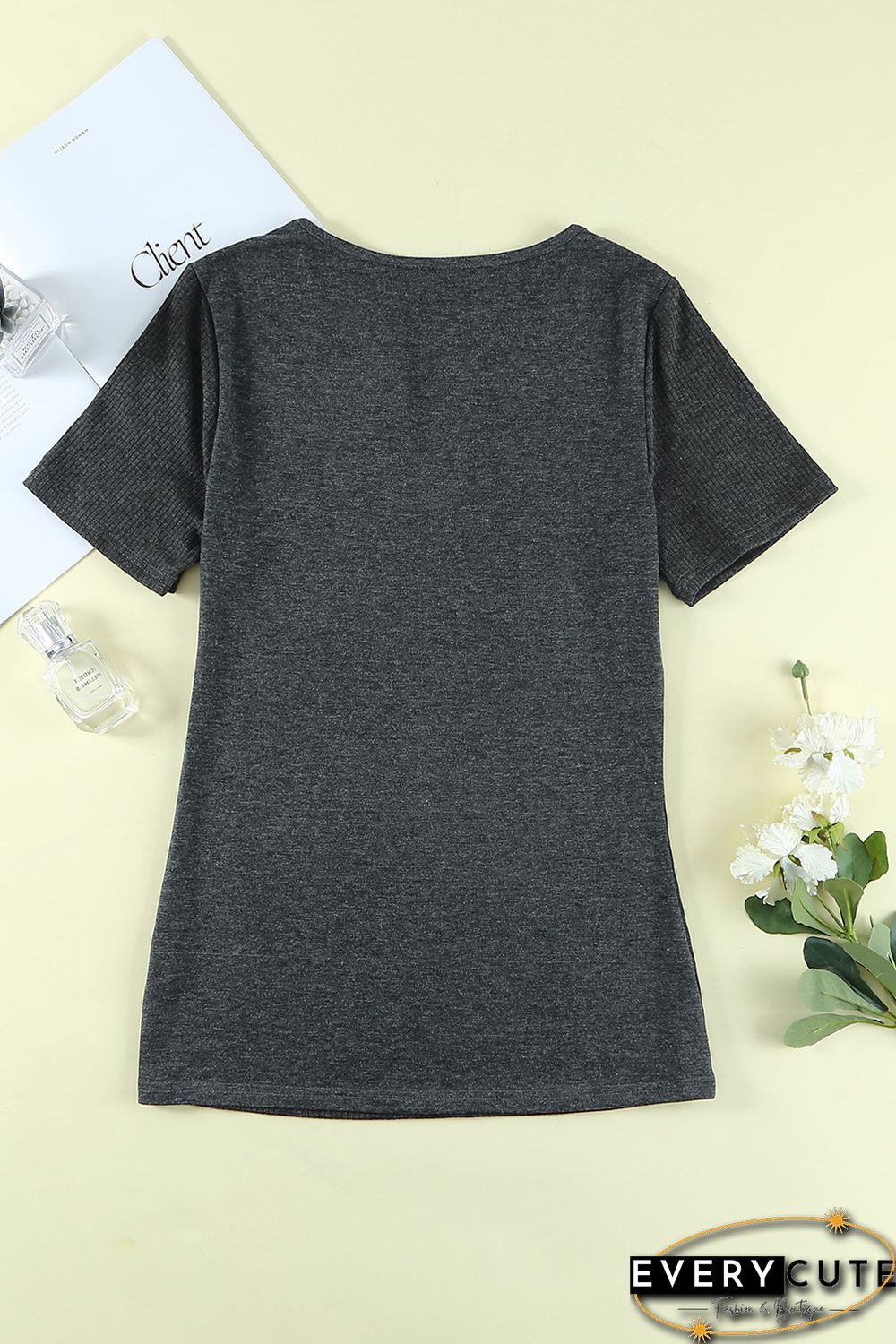Black Ribbed Knit V Neck Short Sleeve Top
