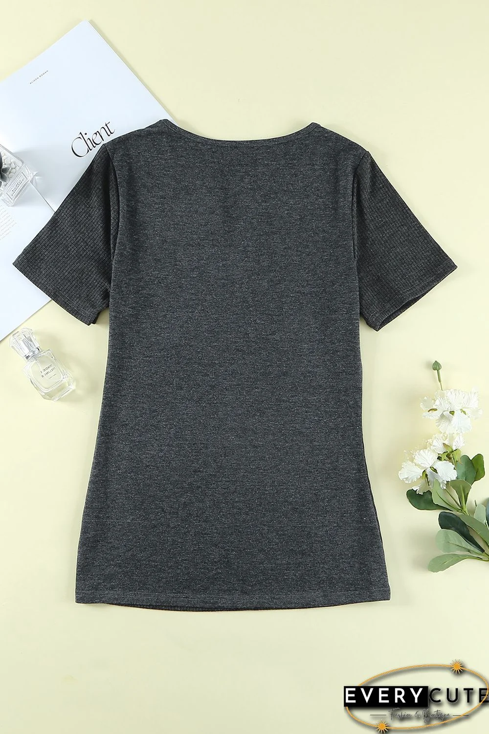 Black Ribbed Knit V Neck Short Sleeve Top