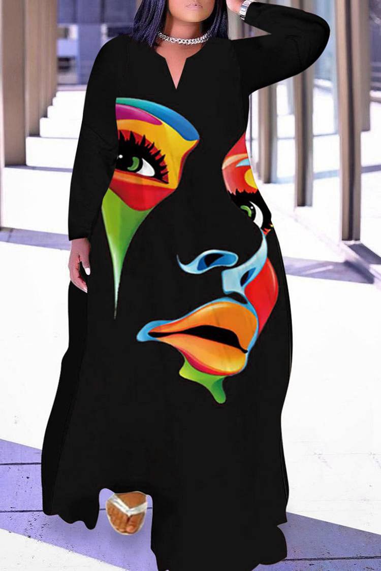 Plus Size Casual Black Colorful Graphic Print V Neck Long Sleeve Maxi Dress [Pre-Order]
