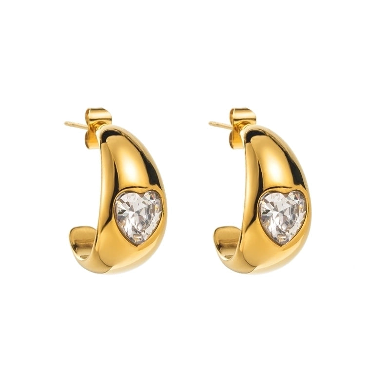 1 Pair Elegant Vintage Style C Shape Heart Shape Plating Inlay 304 Stainless Steel Zircon Ear Studs