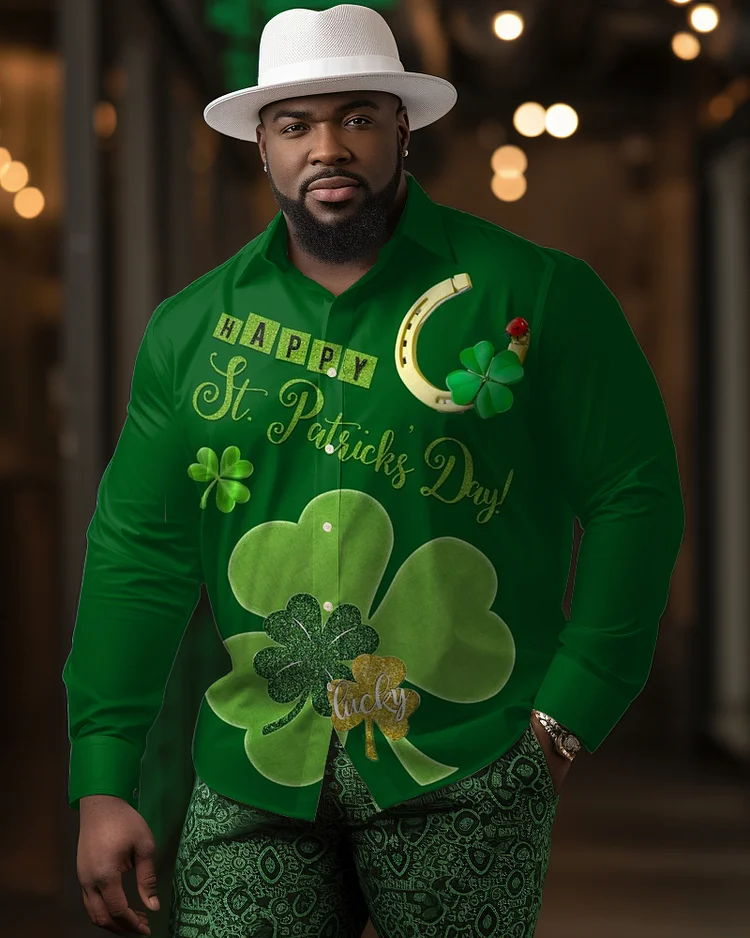 Men's Plus Size Happy St. Patrick's Day Magnet Four Leaf Clover Casual Lapel Long Sleeve Shirt