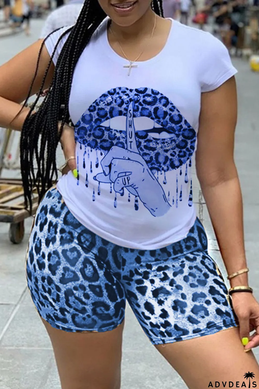 Blue Casual Letter Lips Printed Split Joint O Neck Short Sleeve Two Pieces