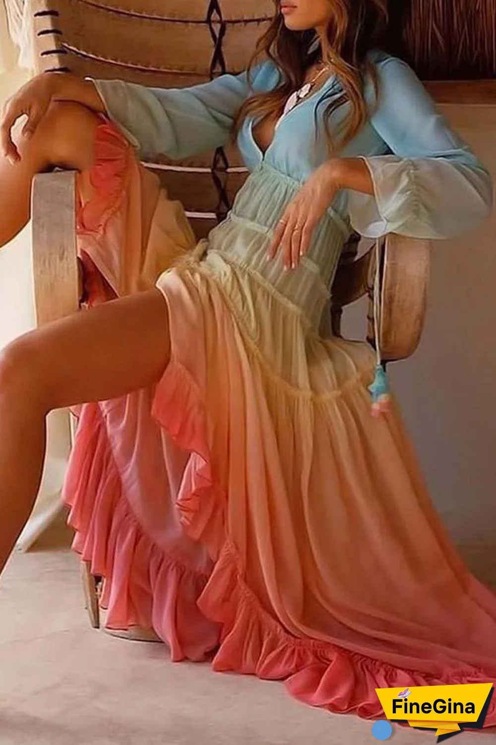 V Neck Long Sleeve Gradient Dress
