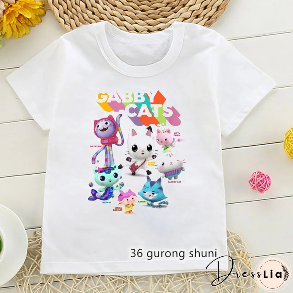 Kawaii Girls T Shirts Gabbys Doll House Cartoon Print Childrens Tshirt Summer Tee Girls Clothes White Camisole Tops
