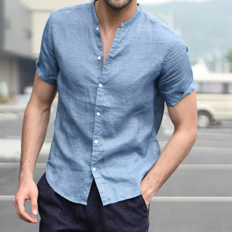 Short Sleeve Men Shirt Stand Collar Streetwear Tops Linen