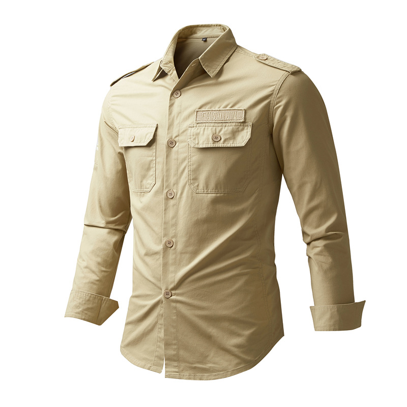 Mens Spring Autumn Cargo Shirts Mens Casual Loose Cotton Embroidery Long Sleeve Shirts Outdoor Hiking Military Tactical T-Shirts