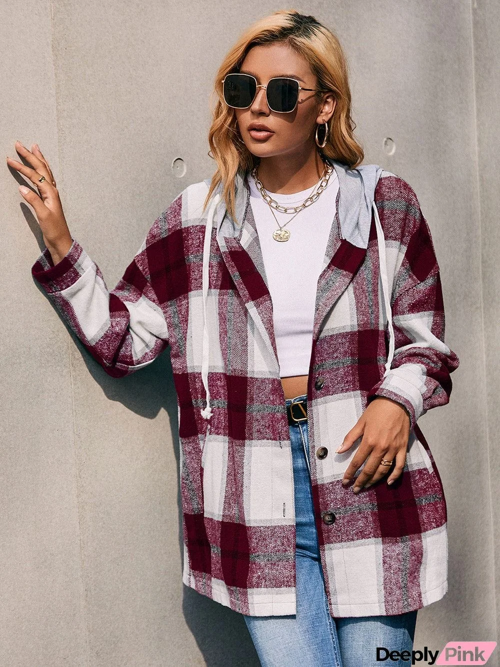 Plaid Dropped Shoulder Hooded Jacket