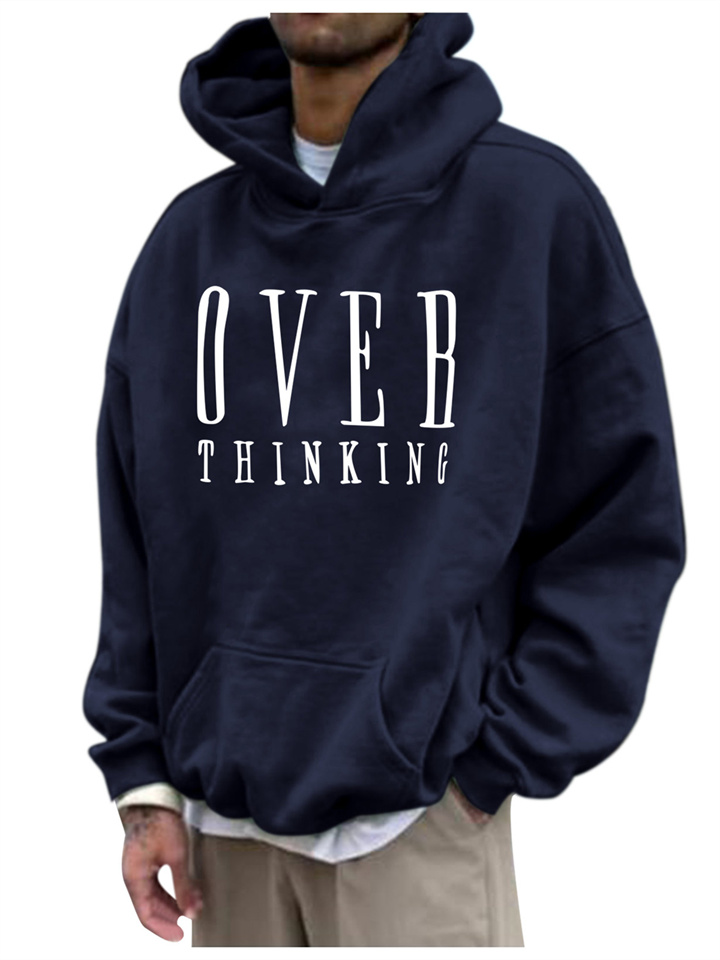 Padded Pullover Crew Neck Drawstring Large Version Drop Shoulder Hooded Sweatshirt Men's Over Thinking Printed Pullover