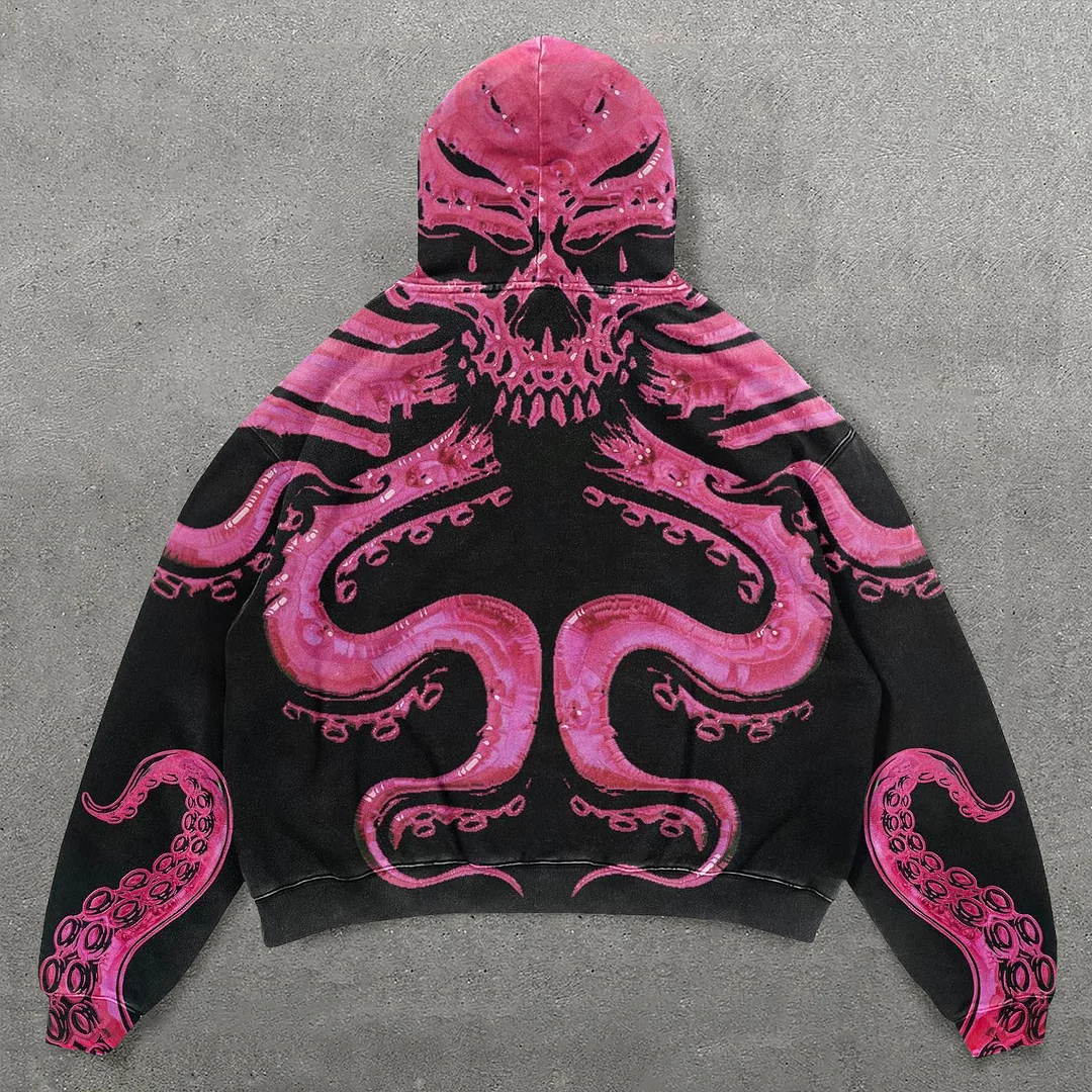 Skull Octopus Print Long Sleeve Hoodie