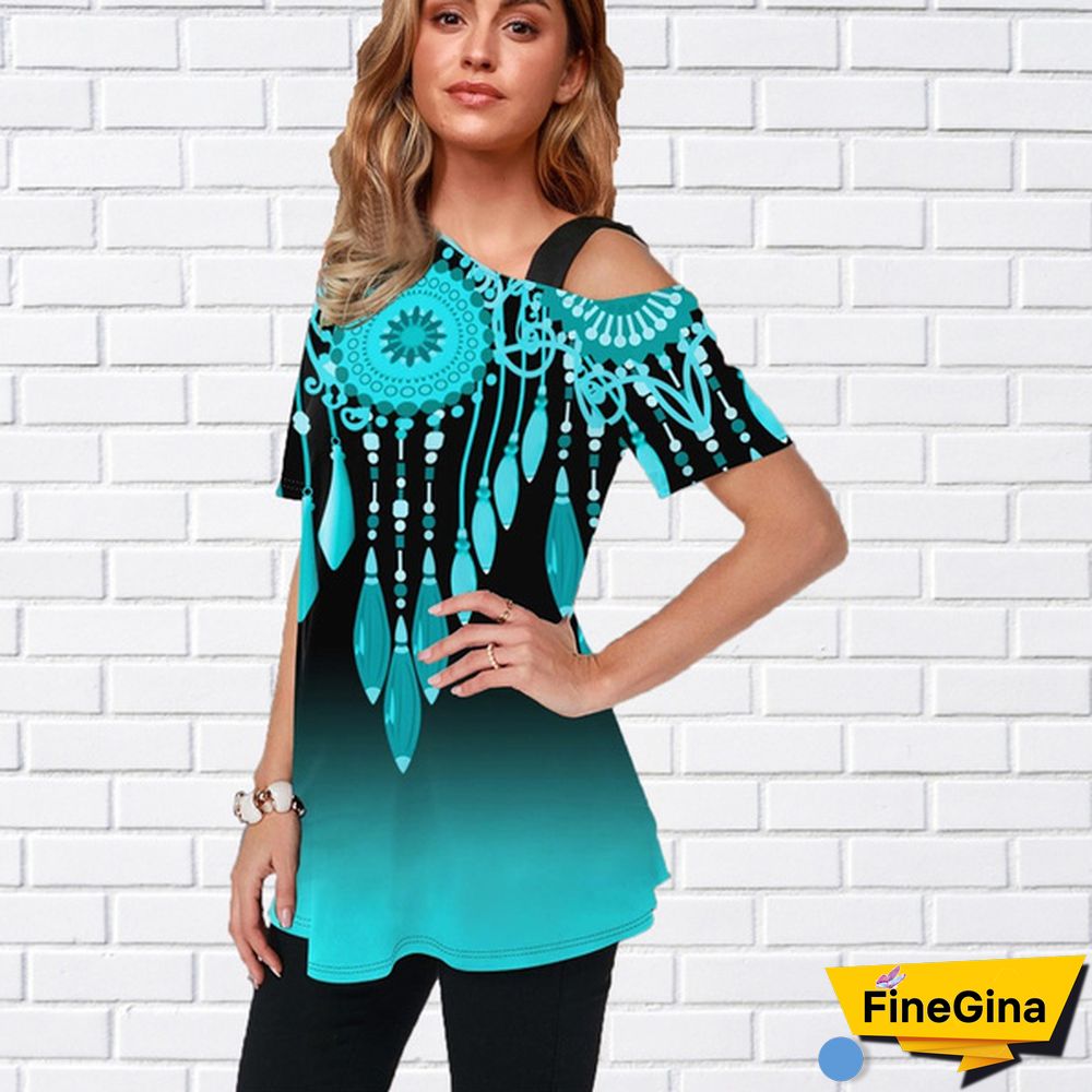 Womens Tops Femme Blouse Tribal Print Short Sleeve Gradient T Shirt Plus Size XS-8XL