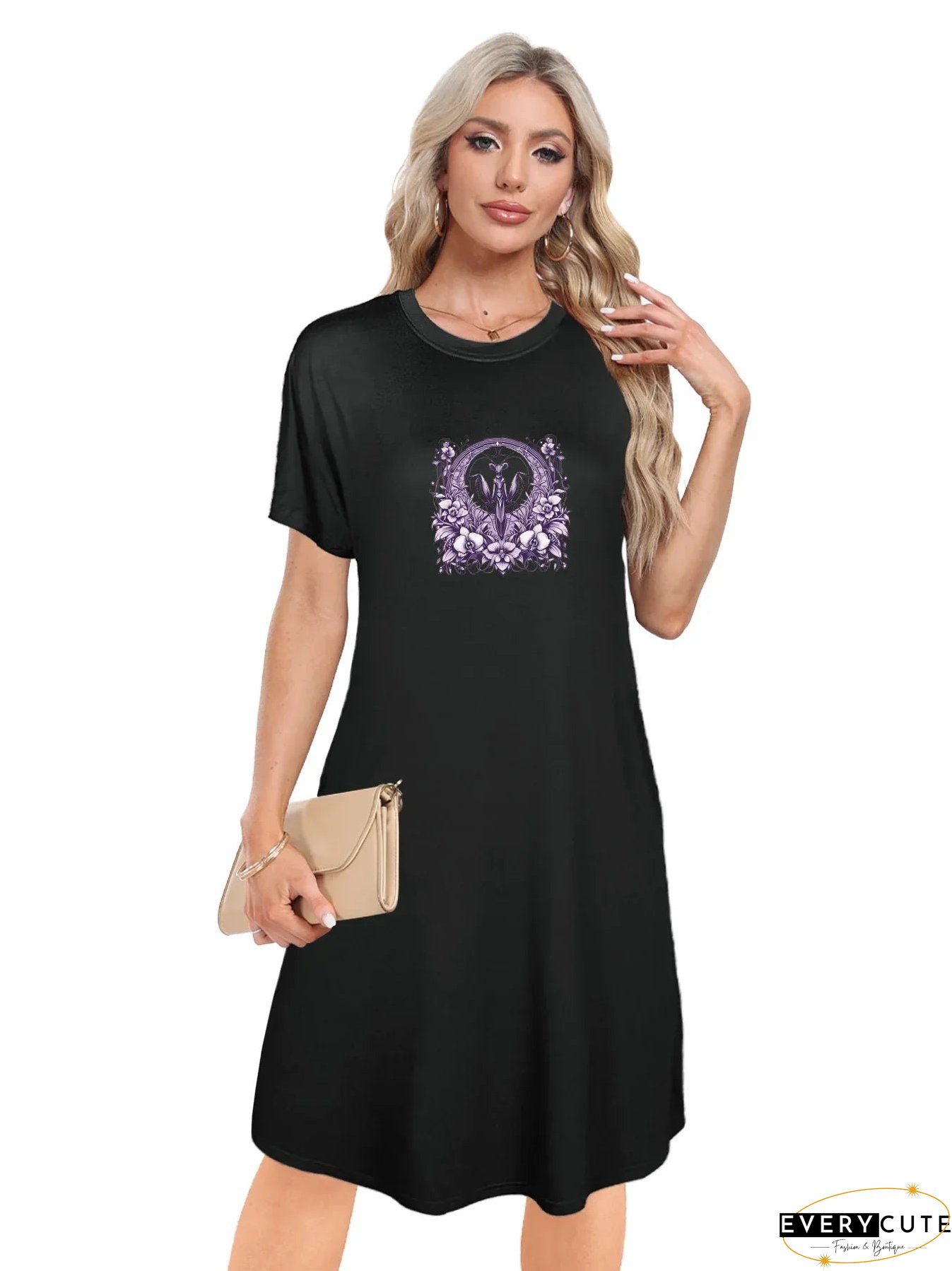 Detailed Praying Mantis And Floral Print Crewneck Tee Dress Casual Short Sleeve For Spring