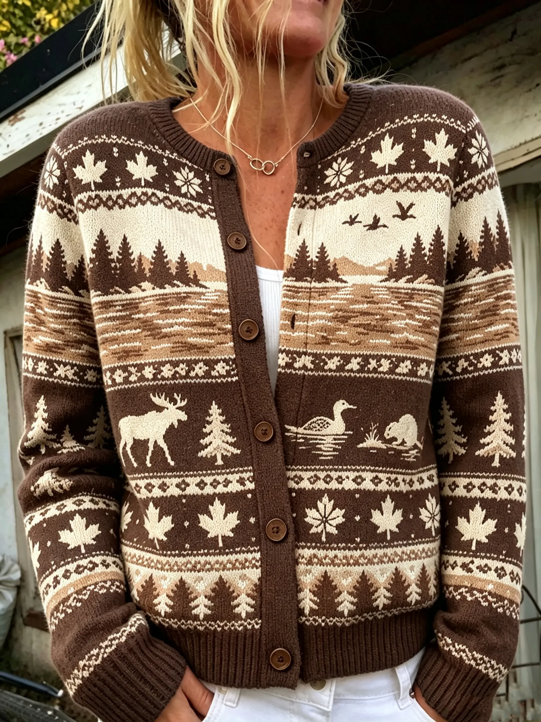 Comstylish Women's Vintage Moose And Maple Leaf Jacquard-knit Icelandic-style Cardigan