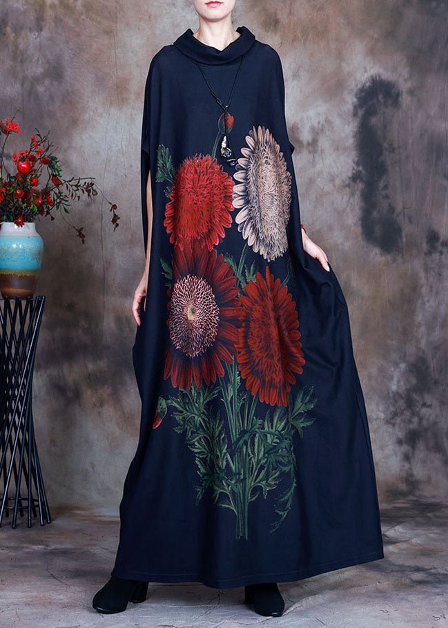 Bohemian Blue Turtle Neck Print Velour Robe Dresses