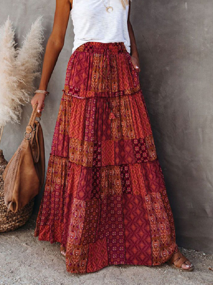 Women's Fashion Bohemian Print Beach Casual Loose Patchwork Skirt