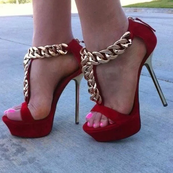 Red Open Toe Metal T Strap Sandals Stiletto Heels Platform Sandals |FSJ Shoes