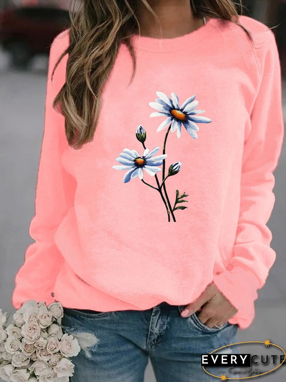 Womens Fashion Spring and Autumn Clothing Flower Print Casual Sweatshirt Long Sleeve