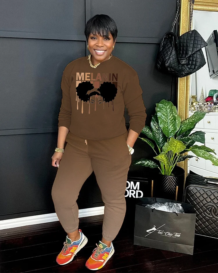 Melanin Long Sleeve Round Neck Sweater and Gradient Casual Pants Set