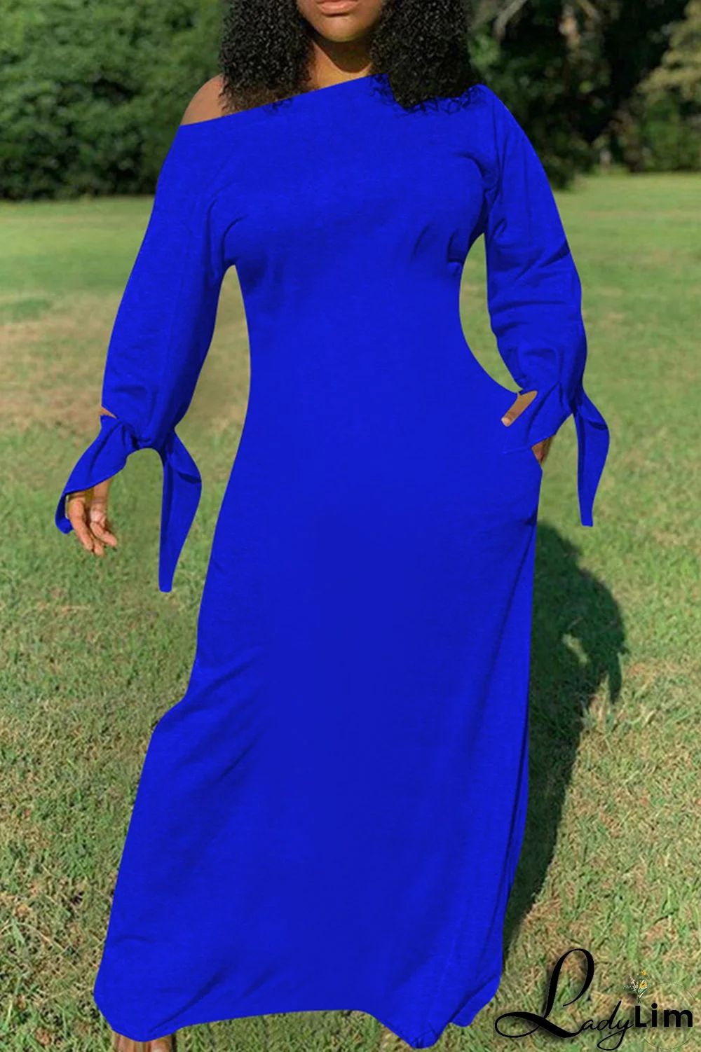 Royal Blue Fashion Casual Solid Bandage O Neck Long Sleeve Dresses