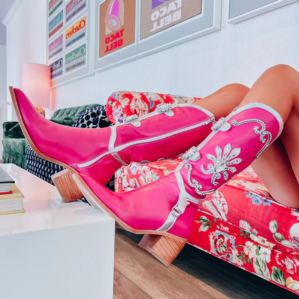 Pink Pointed Toe  Cowgirl Boots Rhinestone Flower Decor Chunky Heel Boots