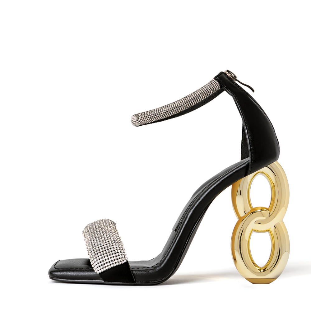 Black Square Toe 4'' Decorative Heel Rhinestone Ankle Strap Sandals Nicepairs